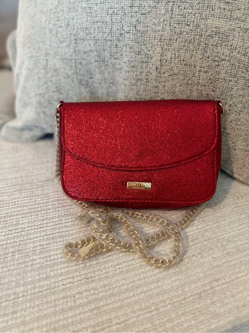 Jimmy Choo Parfums Red Glitter Crossbody with Gold Chain 5.5x7.5